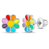 Sterling Silver Enameled Flower Stud Earrings SSJ-13485