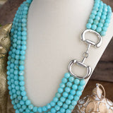 Multi-Strand Turquoise Acrylic Bead Silver Tone Horse Bit Necklace SSJ-13692