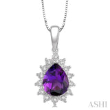 9x6 MM Pear Shape Amethyst and 1/10 Ctw Round Cut Diamond Semi-Precious Pendant in 10K White Gold