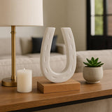 White/Brown Marble Horseshoe on Wood Base Figurine ZGT-06052