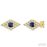 2.0 MM Round Cut Sapphire and 1/10 Ctw Evil Eye Round Cut Diamond Precious Petite Fashion Earring in 10K Yellow Gold