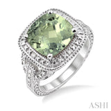 Sterling Silver Cushion Cut Green Amethyst & Diamond Halo Ring SDM-11418
