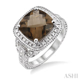 Sterling Silver Cushion Cut Smoky Quartz & Diamond Halo Ring SDM-11419