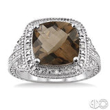Sterling Silver Cushion Cut Smoky Quartz & Diamond Halo Ring SDM-11419