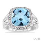 Silver Cushion Shape Blue Topaz & Diamond Halo Ring SDM-11374