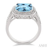 Silver Cushion Shape Blue Topaz & Diamond Halo Ring SDM-11374