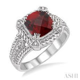 Sterling Silver Cushion Garnet  & Diamond Ring SDM-11208