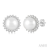 5.5 MM Round Shape Cultured Pearls and 1/6 Ctw Petite Sunflower Round Cut Diamond Fashion Stud Earrings in 10K White Gold