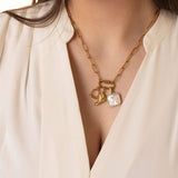 Gold Finish Stainless Steel White Mother of Pearl Horse With CZ Stone Pendant SSJ-13663