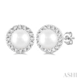 4.5 MM White Cultured Pearl and 1/8 Ctw Round Cut Diamond Halo Stud Earrings in 14K White Gold