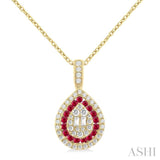 1.25 MM & 1.45 MM Pear Shape Ruby and 1/4 Ctw Baguette and Round Cut Diamond Precious Pendant With Chain in 14K Yellow Gold