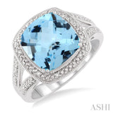 10x10  MM Cushion Shape Blue Topaz and 1/20 ctw Single Cut Diamond Ring in Sterling Silver