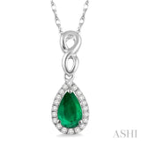 6x4 MM Pear Shape Emerald and 1/10 Ctw Round Cut Diamond Pendant in 14K White Gold with Chain