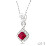 4x4 MM Cushion Shape Ruby and 1/10 Ctw Round Cut Diamond Pendant in 10K White Gold with Chain