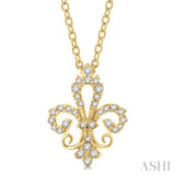 1/6 ctw Petite Carved Fleur De Lis Round Cut Diamond Fashion Pendant With Chain in 10K Yellow Gold