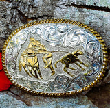 Bronze and Silver Plate Belt Buckle Roping Horse DEJ-24516
