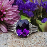 Sterlng Silver Cushion Amethyst & Diamond Ring SDM-11209