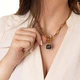 Gold Finish Stainless Steel Black Mother of Pearl Horse With CZ Stone Pendant SSJ-13665