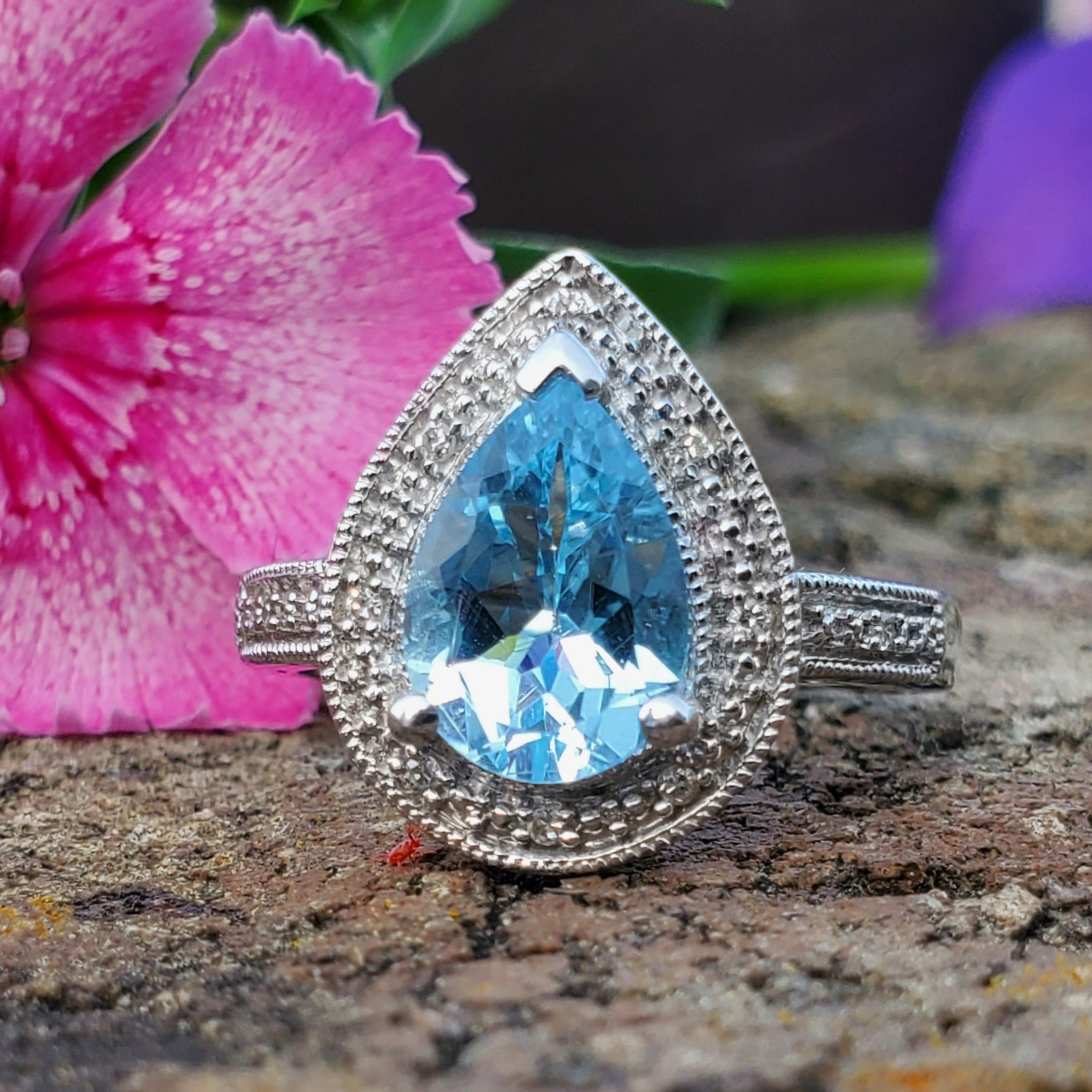 Halo Pear Blue Topaz Ring Set/Silver Natural hotsell Topaz Engagement Ring/ 7*9 mm Blue Topaz Ring Set Anniversary Ring