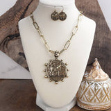 Antiqued Gold Tone Western Horse Coin Statement Necklace SSJ-13689