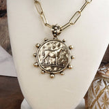 Antiqued Gold Tone Western Horse Coin Statement Necklace SSJ-13689