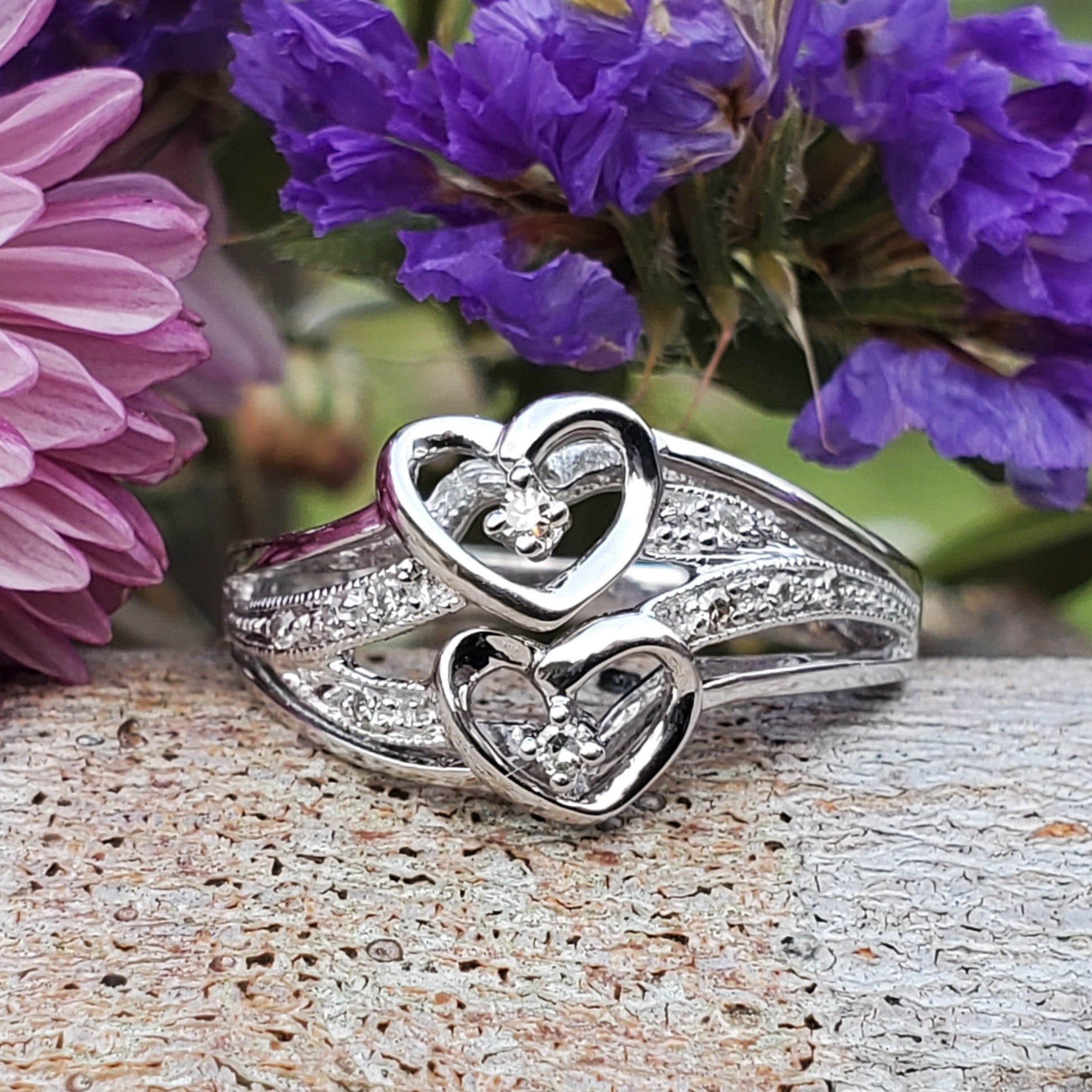 Beautiful Double Heart Ring With Genuine Diamonds On .925 Sterling 2024 Silver