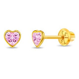 14k Yellow Gold PInk CZ Heart Children's Earrings  GER-23565