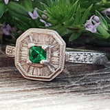 14k White Gold Ascher Cut Emerald and Diamond Ring DCR-24508
