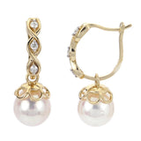 14k Yellow Gold Akoya Pearl and Diamond Hoop Dangle Earrings - DER-25778