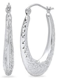 10k White Gold Diamond Cut Oval Hoop Earrings GER-23464