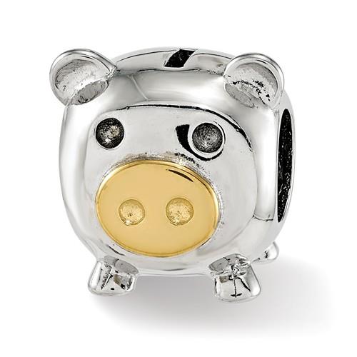 Sterling Silver Pig with Gold Plated Nose Reflections Bead REF-12132