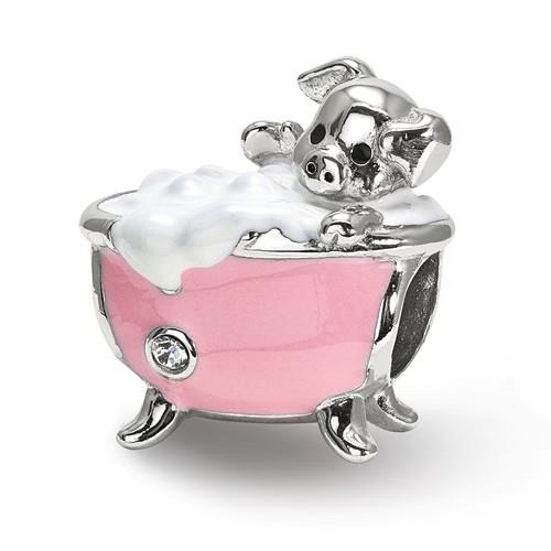 Sterling Silver Pink Bathtub with Pig Reflections Bead REF-12134
