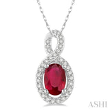 6x4 MM Oval Cut Ruby and 1/10 Ctw Round Cut Diamond Pendant in 10K White Gold with Chain