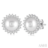 7x7 MM Cultured Pearl and 1/4 Ctw Round Cut Diamond Earrings in 14K White Gold