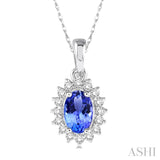 1/8 Ctw Round Cut Diamond and Oval Cut 6x4mm Tanzanite Center Sunflower Precious Pendant in 10K White Gold with chain