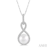 1/6 ctw Twisted Loop 7x7mm Pearl & Round Cut Diamond Pendant With Chain in 10K White Gold