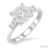 3/4 ctw Cushion Mount Lovebright Baguette and Round Cut Diamond Cluster Ring in 14K White Gold