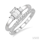 3/4 ctw Diamond Wedding Set With 5/8 ctw Octagonal & Baguette Engagement Ring and 1/8 ctw Round Cut Diamond Wedding Band in 14K White Gold