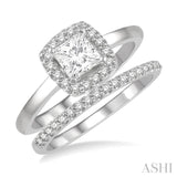 3/8 ctw Diamond Wedding Set With 1/3 ctw Halo Round Cut & 1/4 ctw Princess Cut Engagement Ring and 1/10 ctw Wedding Band in 14K White Gold