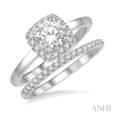 3/8 ctw Diamond Wedding Set With 1/3 ctw Halo 1/4 ctw Round Cut Center Stone Engagement Ring & 1/10 ctw Wedding Band in 14K White Gold