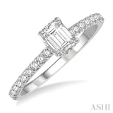 1/2 ctw Round Cut Diamond Ladies Engagement Ring With 1/4 ctw Emerald Cut Center Stone in 14K White Gold