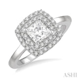 1/2 ctw Princess & Halo Round Cut Diamond Ladies Engagement Ring With 1/4 ctw Princess Cut Center Stone in 14K White Gold