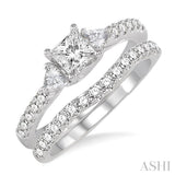 1 1/6 Ctw Diamond Wedding Set with 7/8 Ctw Princess Cut Engagement Ring and 1/4 Ctw Wedding Band in 14K White Gold