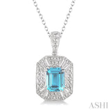 8x6 mm Emerald Cut Blue Topaz and 1/50 Ctw Single Cut Diamond Pendant in Sterling Silver with Chain