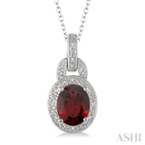 9x7 mm Oval Cut Garnet and 1/20 Ctw Single Cut Diamond Pendant in Sterling Silver with Chain