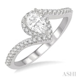 1/2 Ctw Embraced Pear Shape Diamond Ladies Engagement Ring with 1/3 Ct Pear Cut Center Stone in 14K White Gold