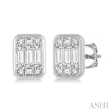 1/3 Ctw Octagonal Shape Baguette and Round Cut Diamond Bezel Stud Earrings in 14K White Gold