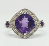14k White Gold Square Amethyst and Diamond Gemstone Ring   DCR-24545