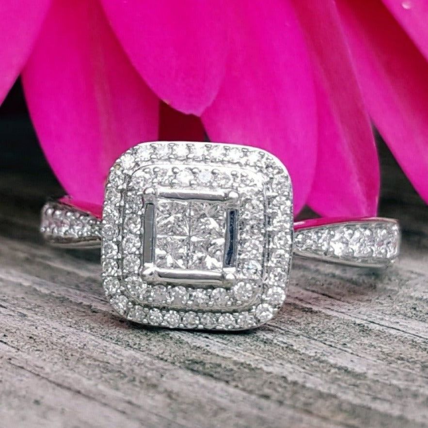 Double halo engagement ring on sale square